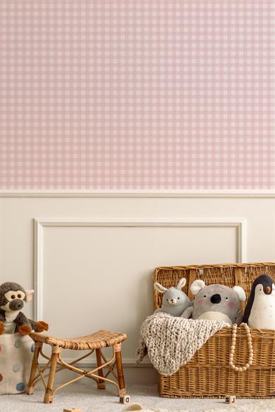 Ekose Desenli Duvar Sticker Yarım Kaplama Duvar Kağıdı Görünümlü Sticker 54x109 cm Ekoseli Pembe Ton