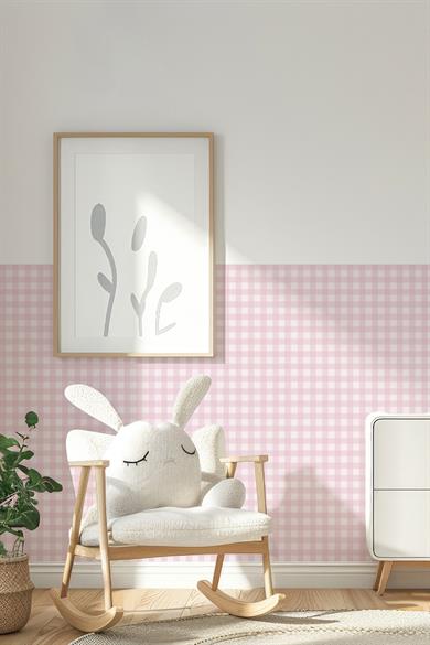 Ekose Desenli Duvar Sticker Yarım Kaplama Duvar Kağıdı Görünümlü Sticker 54x109 cm Ekoseli Pembe Ton