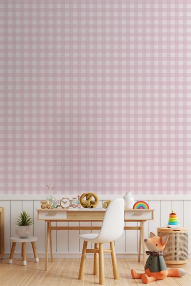 Ekose Desenli Duvar Sticker Yarım Kaplama Duvar Kağıdı Görünümlü Sticker 54x109 cm Ekoseli Pembe Ton