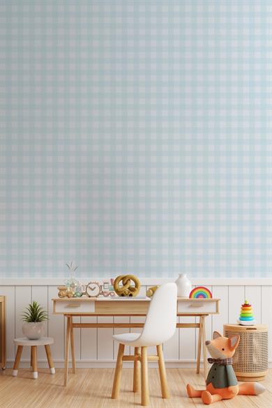 Ekose Desenli Duvar Sticker Yarım Kaplama Duvar Kağıdı Görünümlü Sticker 54x109 cm Açık Mavi