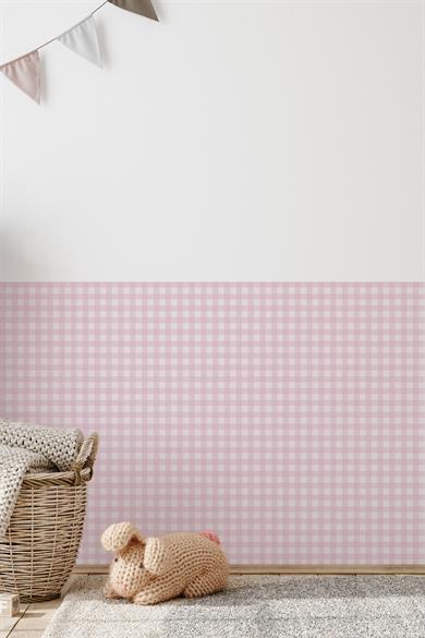 Ekose Desenli Duvar Sticker Yarım Kaplama Duvar Kağıdı Görünümlü Sticker 54x109 cm Ekoseli Pembe Ton