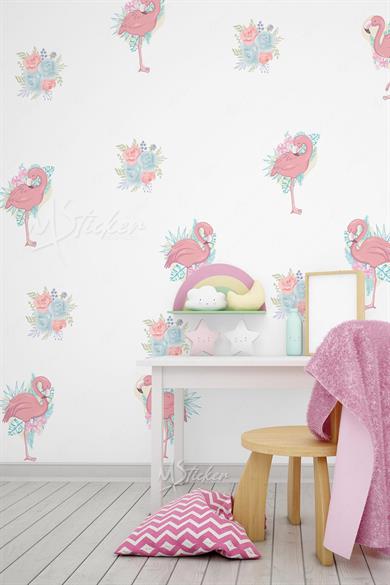 Filamingolar ve Soft Renkli Çiçekler Çocuk Bebek Odası Duvar Cam Dolap Sticker Seti