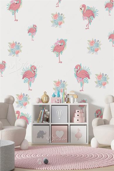 Filamingolar ve Soft Renkli Çiçekler Çocuk Bebek Odası Duvar Cam Dolap Sticker Seti