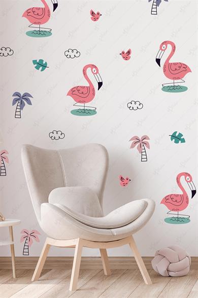 Flamingo Temalı Soft Renklerde Çocuk Bebek Odası Cam Duvar Sticker Seti