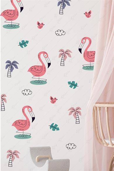 Flamingo Temalı Soft Renklerde Çocuk Bebek Odası Cam Duvar Sticker Seti