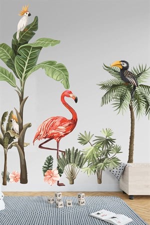 Flamingo ve Kuşlar Safari Tropikal Hayvanlar ve Ağaçlar Çocuk Beb