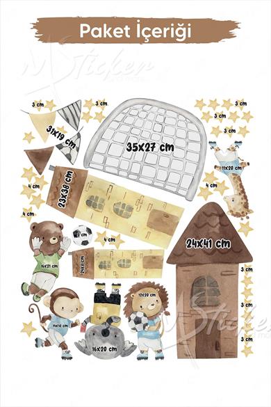 Futbol Oynayan Sevimli Hayvanlar Çocuk Bebek Odası Duvar Cam Sticker Seti