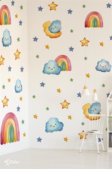 Gökkuşağı, Bulutlar ve Yıldızlar Çocuk Odası Cam Duvar Sticker Seti