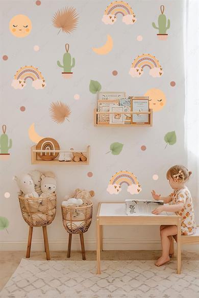 Gökkuşağı ve Bohem Figürler Çocuk Bebek Odası Sticker Seti