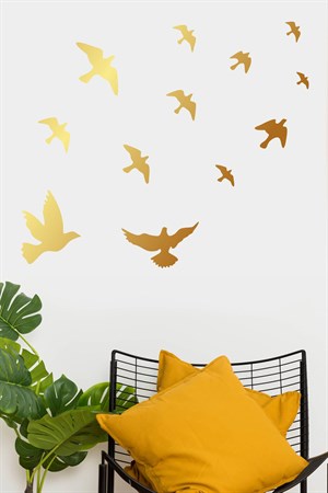 Gold Uçan Kuşlar Dekoratif Duvar Sticker Kuş Sürüsü (58x61cm)