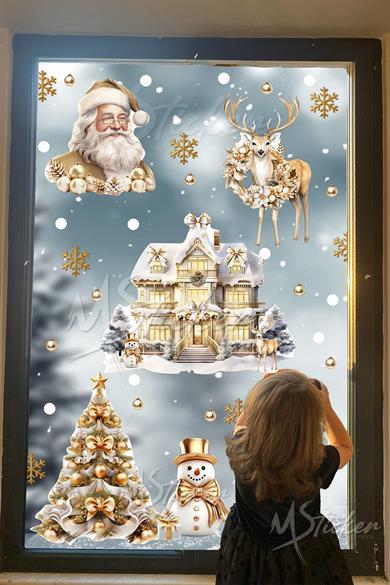 Gold Yılbaşı Seti, Yeni Yıl Yılbaşı Kış Konseptli Yılbaşı Süsü Sticker Seti Noel Baba Ağaçlar Evler