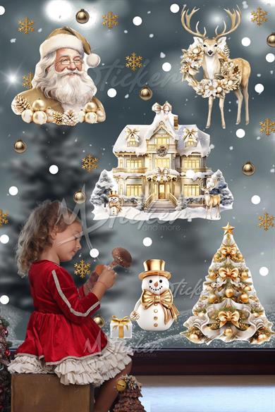 Gold Yılbaşı Seti, Yeni Yıl Yılbaşı Kış Konseptli Yılbaşı Süsü Sticker Seti Noel Baba Ağaçlar Evler