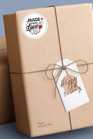Hand Made-Made With Love Sticker, Yuvarlak Etiket-4x4cm-70 Adet