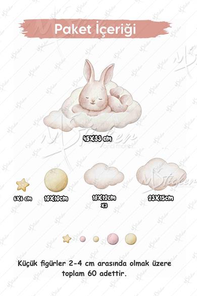 Hayallere Dalan Sevimli Tavşan Bulutlar Yıldızlar ve Puantiyeler Çocuk Bebek Odası Cam Duvar Sticker