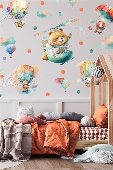 Helikopterde ve Uçan Balonlarda Uçan Ayıcıklar Çocuk Odası Cam Duvar Sticker Seti