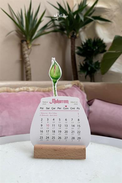 Hicri Takvim Ahşap Ayaklı Gül Figürlü 12 Yaprak Özel Tasarım Standlı Takvim