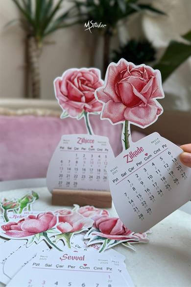 Hicri Takvim Ahşap Ayaklı Gül Figürlü 12 Yaprak Özel Tasarım Standlı Takvim