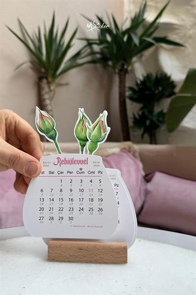 Hicri Takvim Ahşap Ayaklı Gül Figürlü 12 Yaprak Özel Tasarım Standlı Takvim