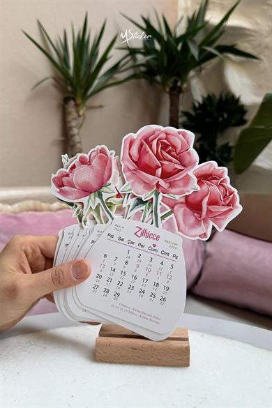 Hicri Takvim Ahşap Ayaklı Gül Figürlü 12 Yaprak Özel Tasarım Standlı Takvim