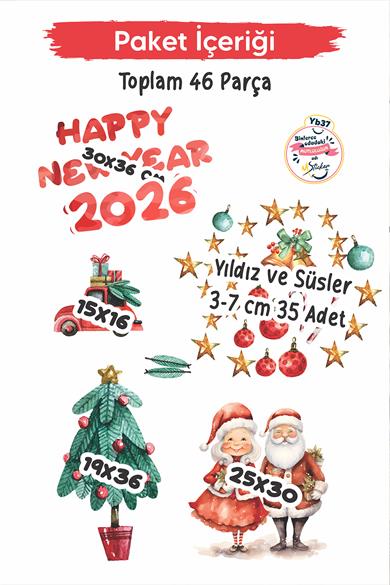 Hoşgeldin 2025, Happy New Year 2025 Yeni Yıl Kış Konseptli Sevimli Noel Baba ve Ağaçlar Figürler