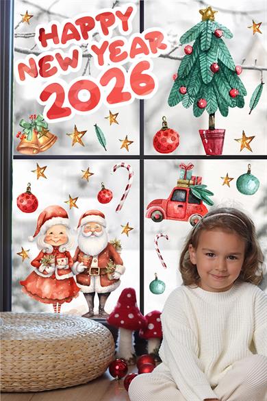 Hoşgeldin 2025, Happy New Year 2025 Yeni Yıl Kış Konseptli Sevimli Noel Baba ve Ağaçlar Figürler