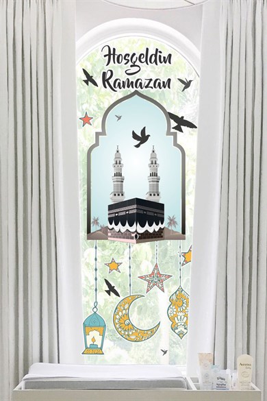 Hoşgeldin Ramazan Cam Duvar Sticker - Kabe Kuşlar ve Fener Figürlü Duvar Cam Sticker