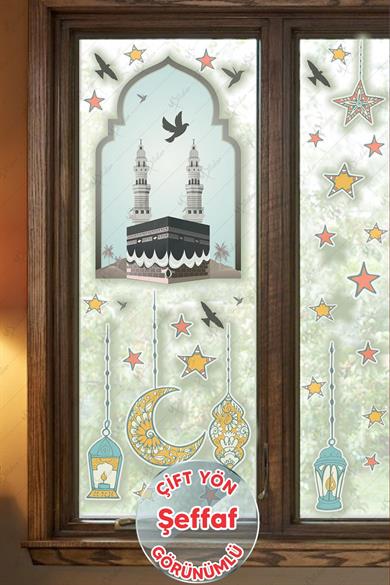 Hoşgeldin Ramazan Cam Duvar Sticker - Kabe Kuşlar Ve Fener Figürlü Duvar Cam Sticker - ŞEFFAF