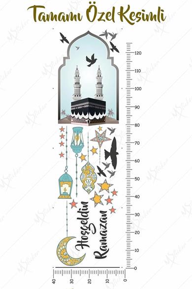 Hoşgeldin Ramazan Cam Duvar Sticker - Kabe Kuşlar Ve Fener Figürlü Duvar Cam Sticker - ŞEFFAF