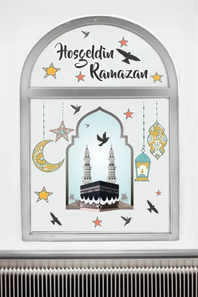 Hoşgeldin Ramazan Cam Duvar Sticker - Kabe Kuşlar ve Fener Figürlü Duvar Cam Sticker
