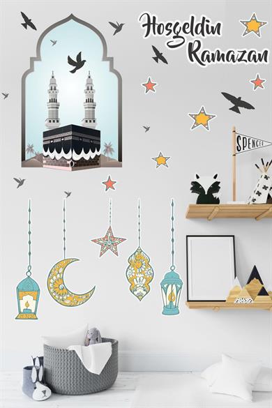 Hoşgeldin Ramazan Cam Duvar Sticker - Kabe Kuşlar ve Fener Figürlü Duvar Cam Sticker