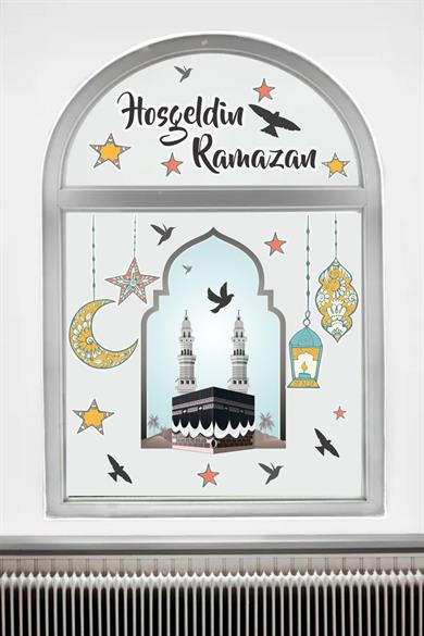 Hoşgeldin Ramazan Cam Duvar Sticker - Kabe Kuşlar ve Fener Figürlü Duvar Cam Sticker