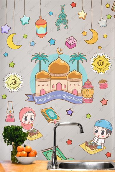 Hoşgeldin Ramazan Cami ve Renkli Ramazan Ayı Figürleri Cam Duvar Kapı Dolap Sticker Seti