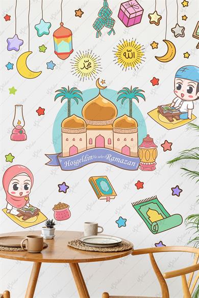 Hoşgeldin Ramazan Cami ve Renkli Ramazan Ayı Figürleri Cam Duvar Kapı Dolap Sticker Seti