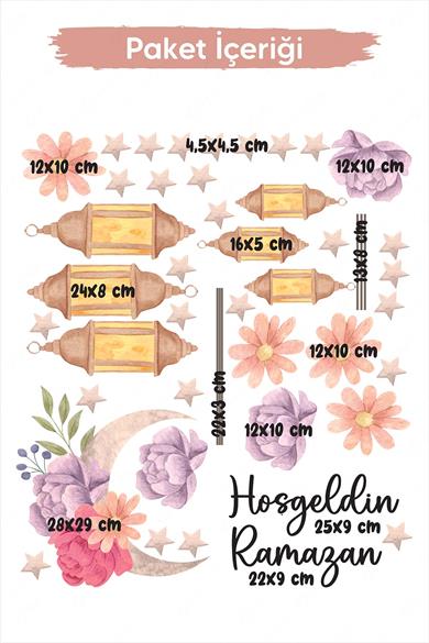 Hoşgeldin Ramazan Çiçekler Soft Renkli Fenerler Cam Duvar Sticker Seti Ramazan Süsü