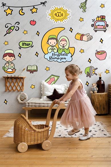 Hoşgeldin Ramazan Çocuk Odası Cam Duvar Sticker Seti Dua Eden Çocuklar Eğitici Ramazan Ayı