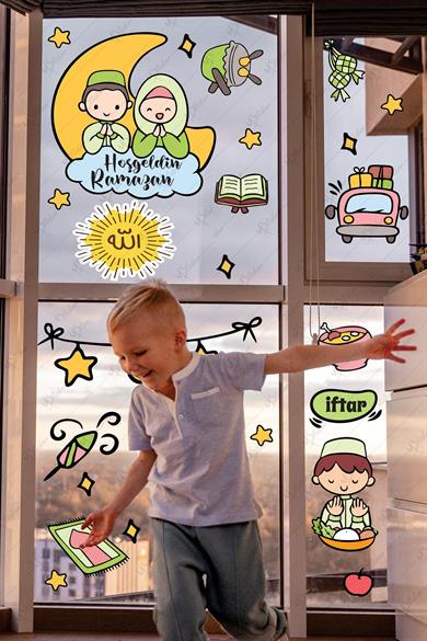 Hoşgeldin Ramazan Çocuk Odası Cam Duvar Sticker Seti Dua Eden Çocuklar Eğitici Ramazan Ayı