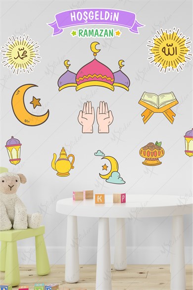 Hoşgeldin Ramazan Dua Cami  Ay Fener Figürleri Cam Duvar Dekorasyon Sticker Seti