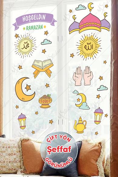 Hoşgeldin Ramazan Dua Cami  Ay Fener Figürleri Cam Duvar Dekorasyon Sticker Seti-ŞEFFAF