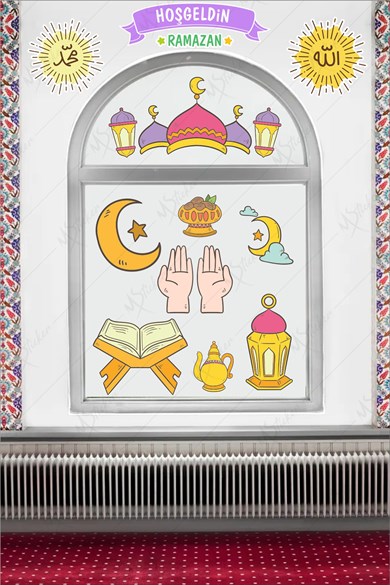 Hoşgeldin Ramazan Dua Cami  Ay Fener Figürleri Cam Duvar Dekorasyon Sticker Seti