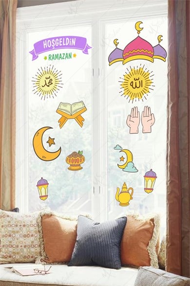 Hoşgeldin Ramazan Dua Cami  Ay Fener Figürleri Cam Duvar Dekorasyon Sticker Seti