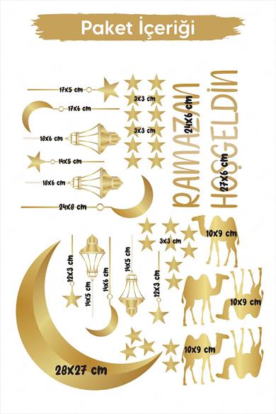 Hoşgeldin Ramazan Gold Detaylı Cam Duvar Sticker Seti, Ramazan Sarkıtları Develer ve Yıldızlar