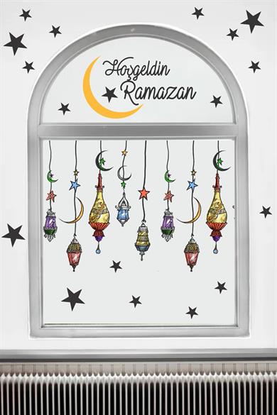 Hoşgeldin Ramazan Renkli Fener Sarkıt Cam Duvar Dekorasyon Sticker Seti