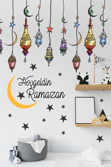 Hoşgeldin Ramazan Renkli Fener Sarkıt Cam Duvar Dekorasyon Sticker Seti