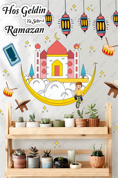 Hoşgeldin Ramazan Renkli Fener Sarkıt Cam Duvar Camili Sticker Seti