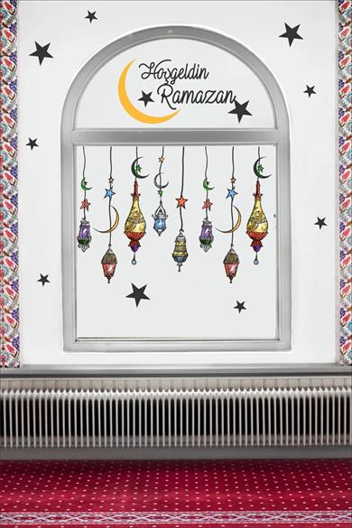 Hoşgeldin Ramazan Renkli Fener Sarkıt Cam Duvar Dekorasyon Sticker Seti
