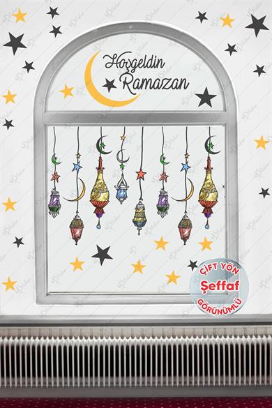 Hoşgeldin Ramazan Renkli Fener Sarkıt Cam Duvar Dekorasyon Sticker Seti-ŞEFFAF