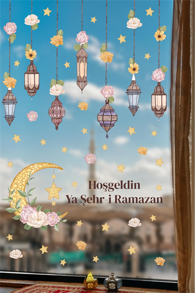 Hoşgeldin Ya Şehr-i Ramazan Duvar Sticker Seti | Fener & Ay Yıldız Temalı Dekor