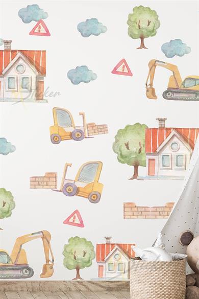 İş Makinaları Duvar Sticker Seti, İş Makinaları Kepçe ve Evler Ağaçlar Sticker Seti