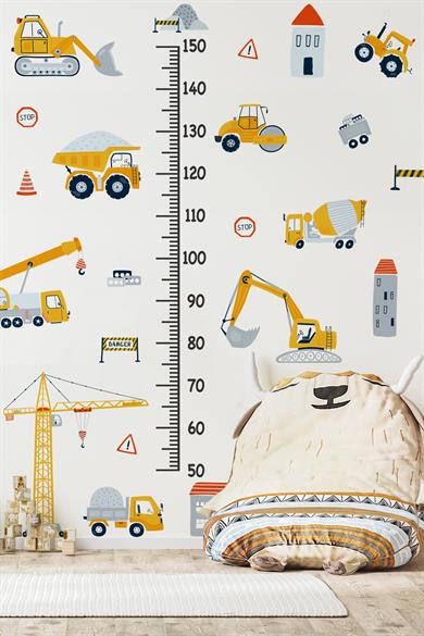 İş Makinaları Temalı Boy Cetvelli Çocuk Bebek Odası Sticker Seti Boy Cetveli İş Makinalı Sticker
