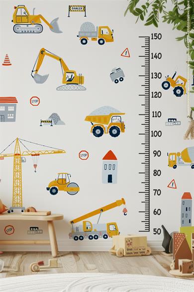İş Makinaları Temalı Boy Cetvelli Çocuk Bebek Odası Sticker Seti Boy Cetveli İş Makinalı Sticker